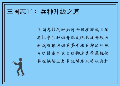 三国志11：兵种升级之道