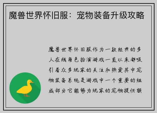 魔兽世界怀旧服：宠物装备升级攻略